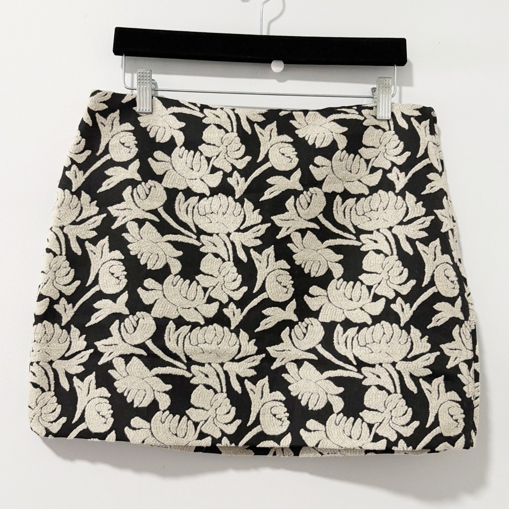 Rachel Roy Mini Skirt Women 8 Black Floral Tapestry Jacquard Wool Blend A-Line